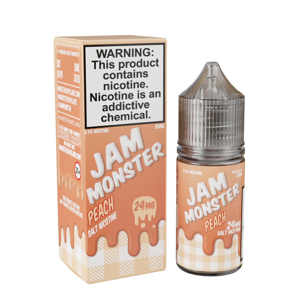 Jam Monster Salt – Peach – 30mL nicotine salt e-liquid featuring sweet peach jam, buttery toast, and a smooth, rich finish.