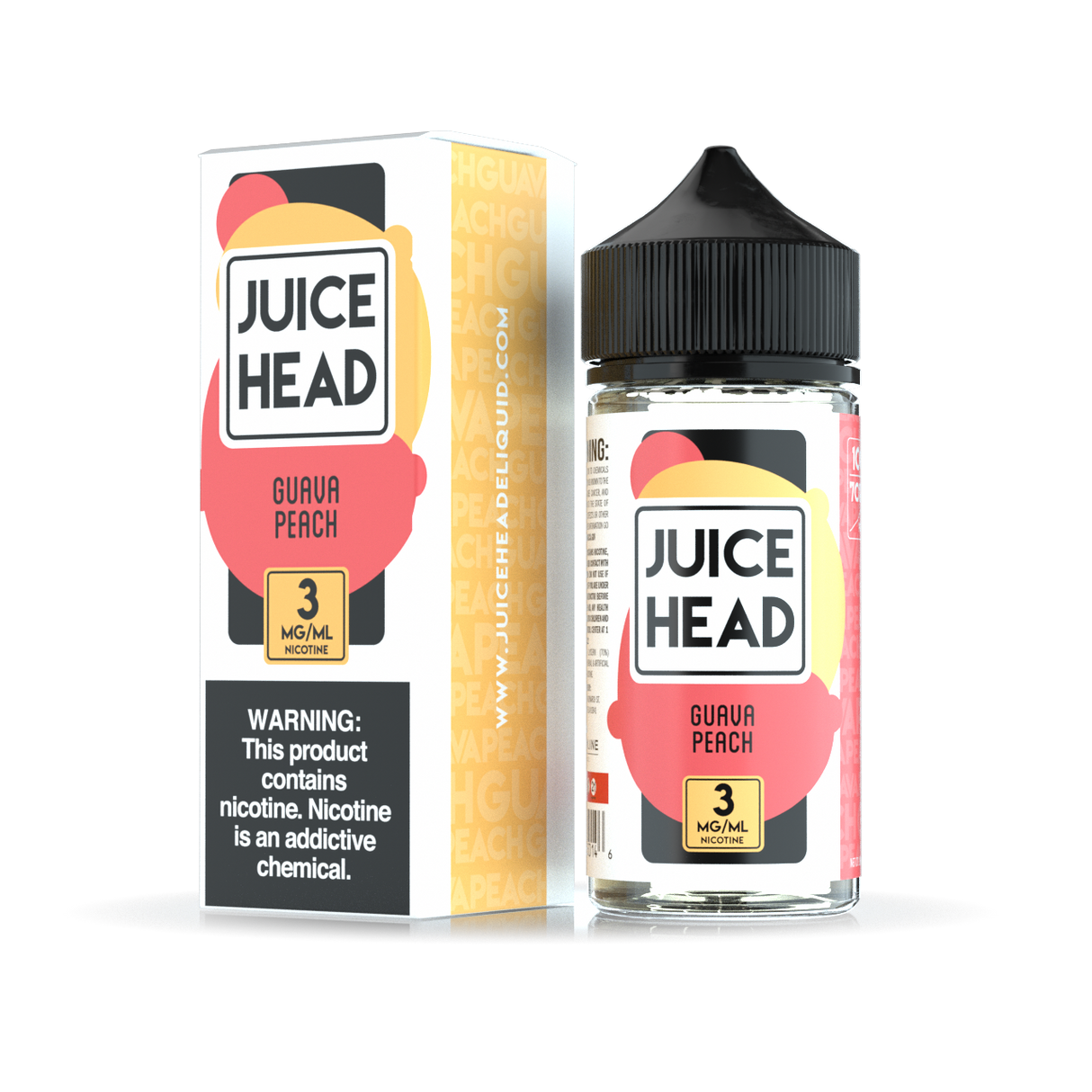 Juice Head Guava Peach 100mL e-liquid bottle showcasing a tropical flavor blend of guava and peach.