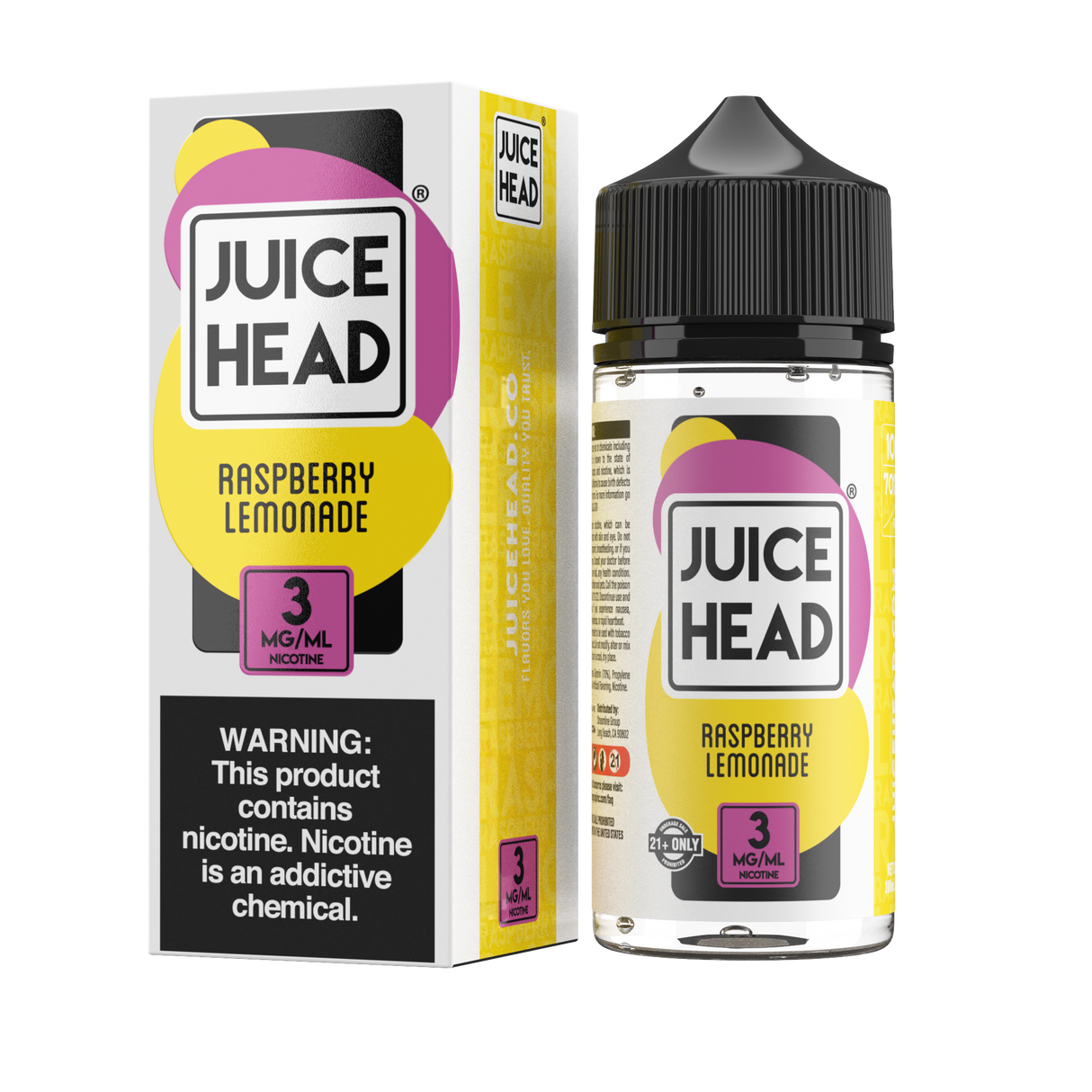 Juice Head Raspberry Lemonade 100mL e-liquid bottle showcasing a sweet and tangy raspberry lemonade flavor combination.