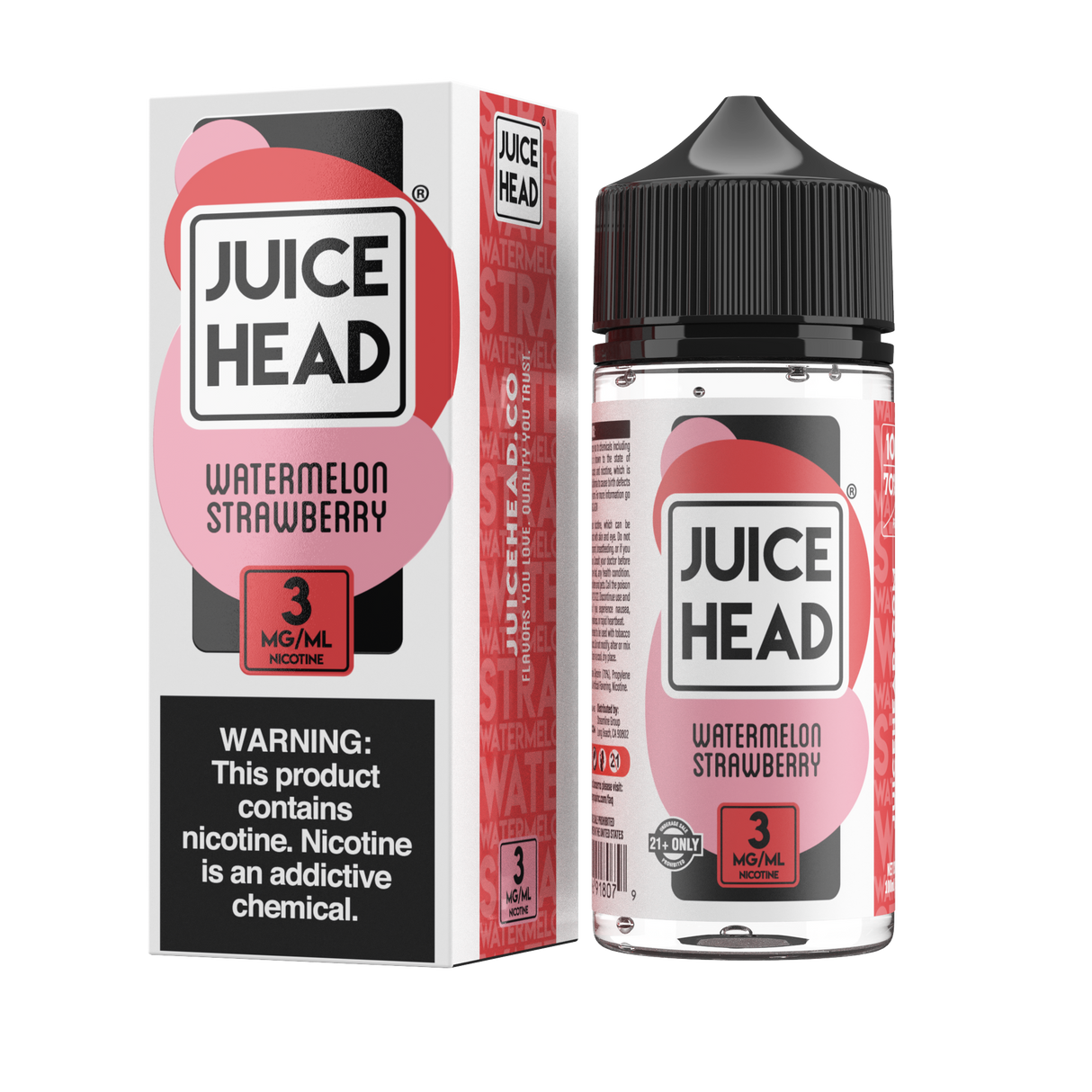 Juice Head Watermelon Strawberry 100mL e-liquid bottle showcasing a vibrant blend of watermelon and strawberry flavors.