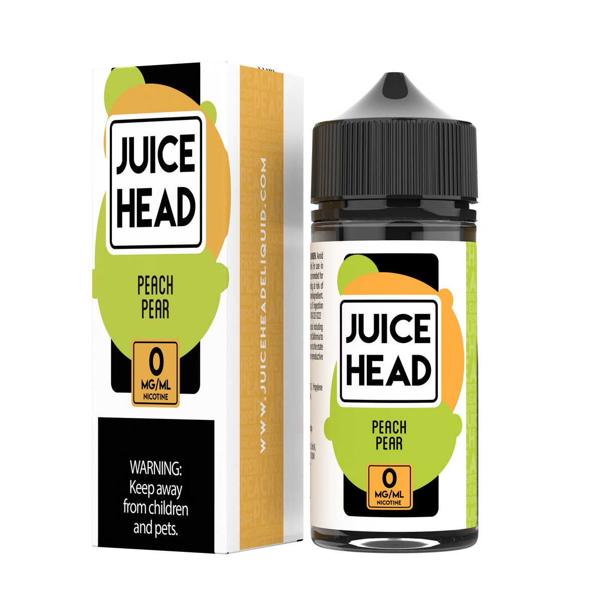 Juice Head Peach Pear 100mL e-liquid bottle showcasing a sweet and juicy blend of ripe peaches and crisp pears.