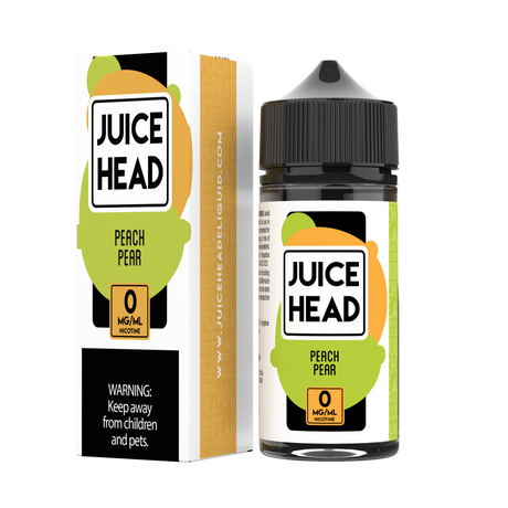 Juice Head Peach Pear 100mL e-liquid bottle showcasing a sweet and juicy blend of ripe peaches and crisp pears.