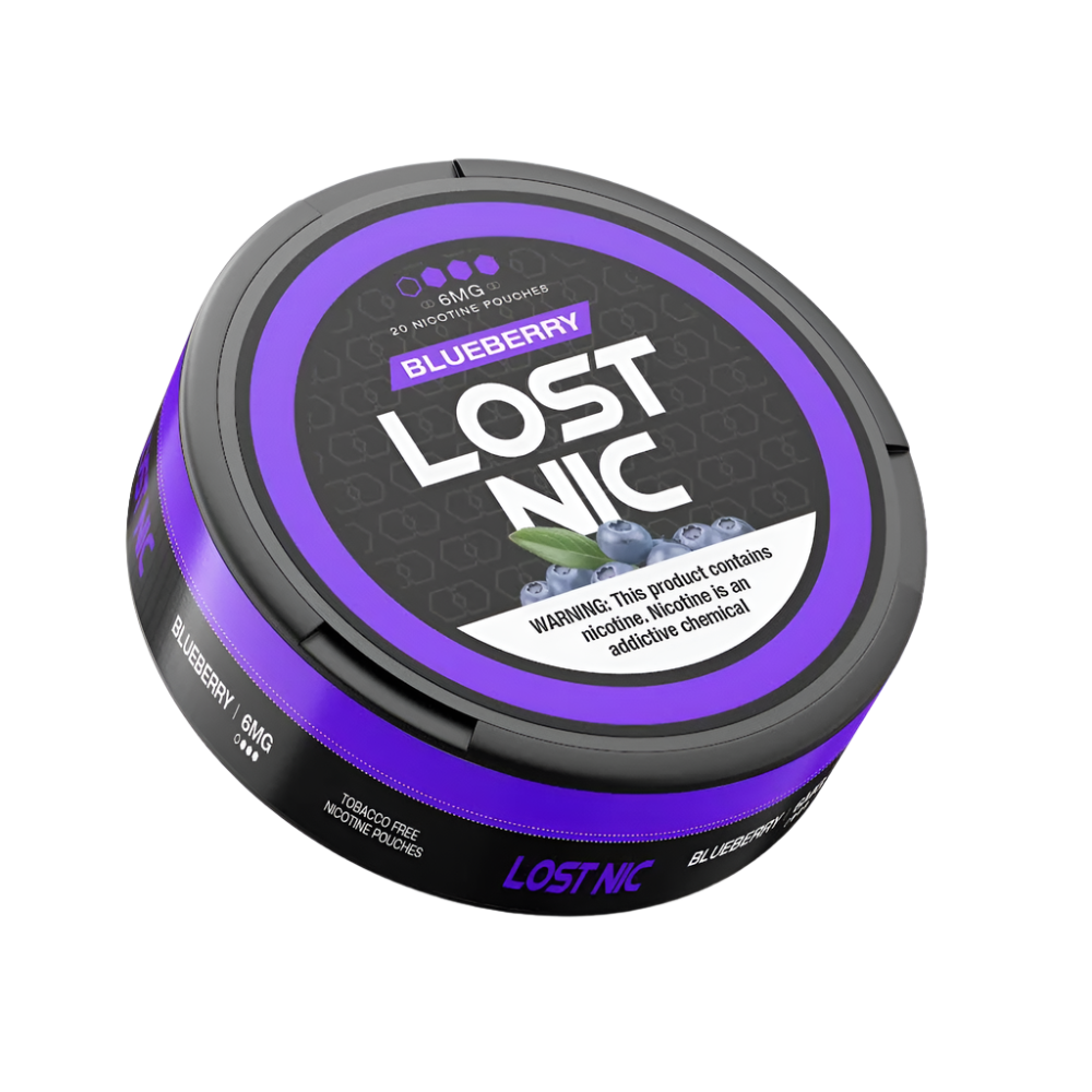 LOST NIC Blueberry Nicotine Pouches 20-count featuring sweet and tangy blueberry flavor for a clean, portable nicotine experience.