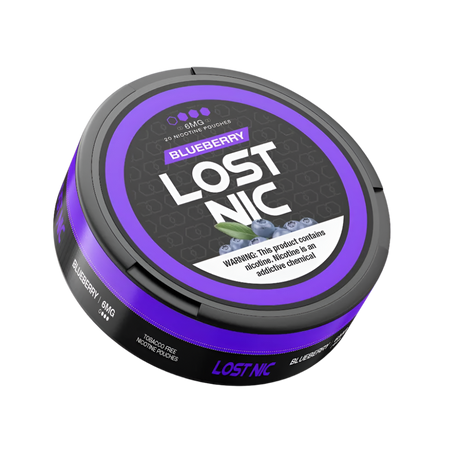 LOST NIC Blueberry Nicotine Pouches 20-count featuring sweet and tangy blueberry flavor for a clean, portable nicotine experience.