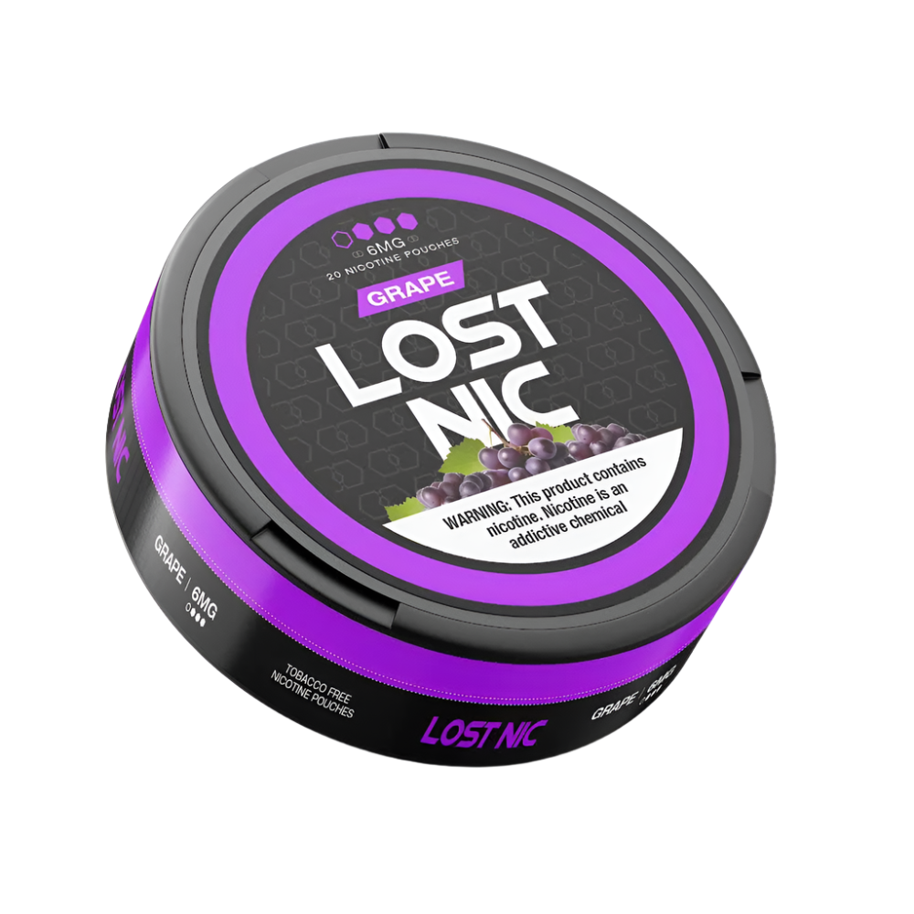LOST NIC Grape Nicotine Pouches 20-count featuring bold grape flavor for a smoke-free, spit-free nicotine experience.