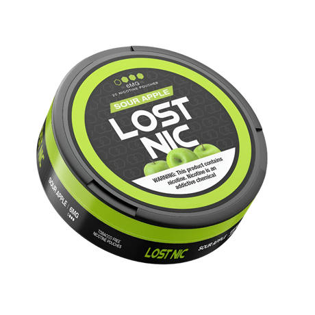 LOST NIC Sour Apple Nicotine Pouches 20-count with tangy sour apple flavor for smoke-free, spit-free enjoyment.