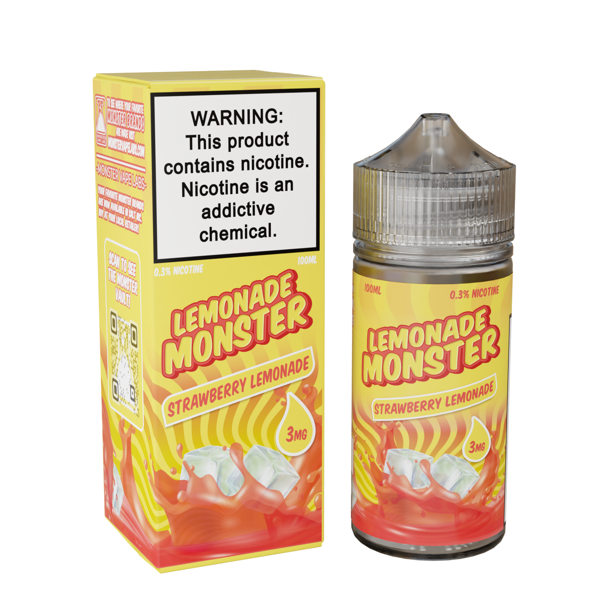 Lemonade Monster Strawberry Lemonade – 100mL e-liquid with tart lemonade and sweet strawberry flavor in a 75/25 VG/PG freebase blend.