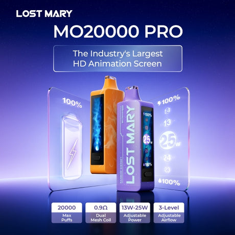 Lost Mary MO20000 Pro Disposable with 20,000 puffs, HD screen, and customizable features.