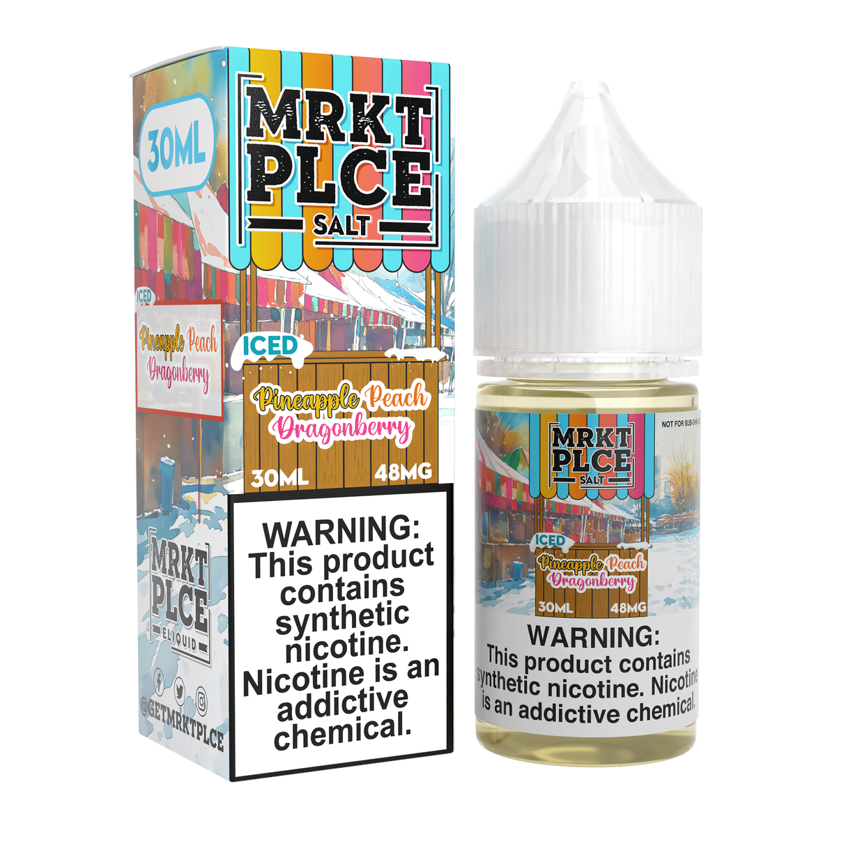 MRKTPLCE ICED Pineapple Peach Dragonberry Nic Salt 30mL bottle featuring icy pineapple, peach, and dragonfruit flavors.