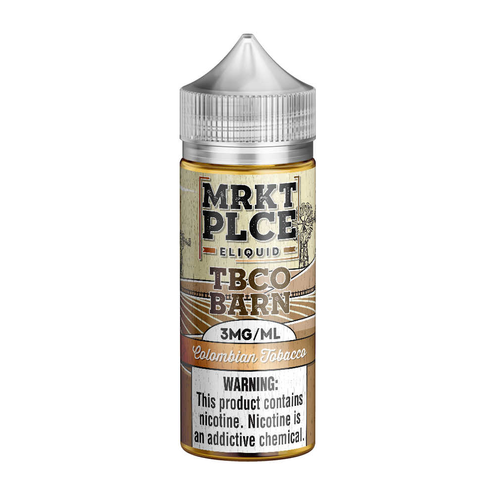 MRKTPLCE TBCO BARN Colombian Tobacco 100mL bottle featuring bold western-style Colombian tobacco flavor.