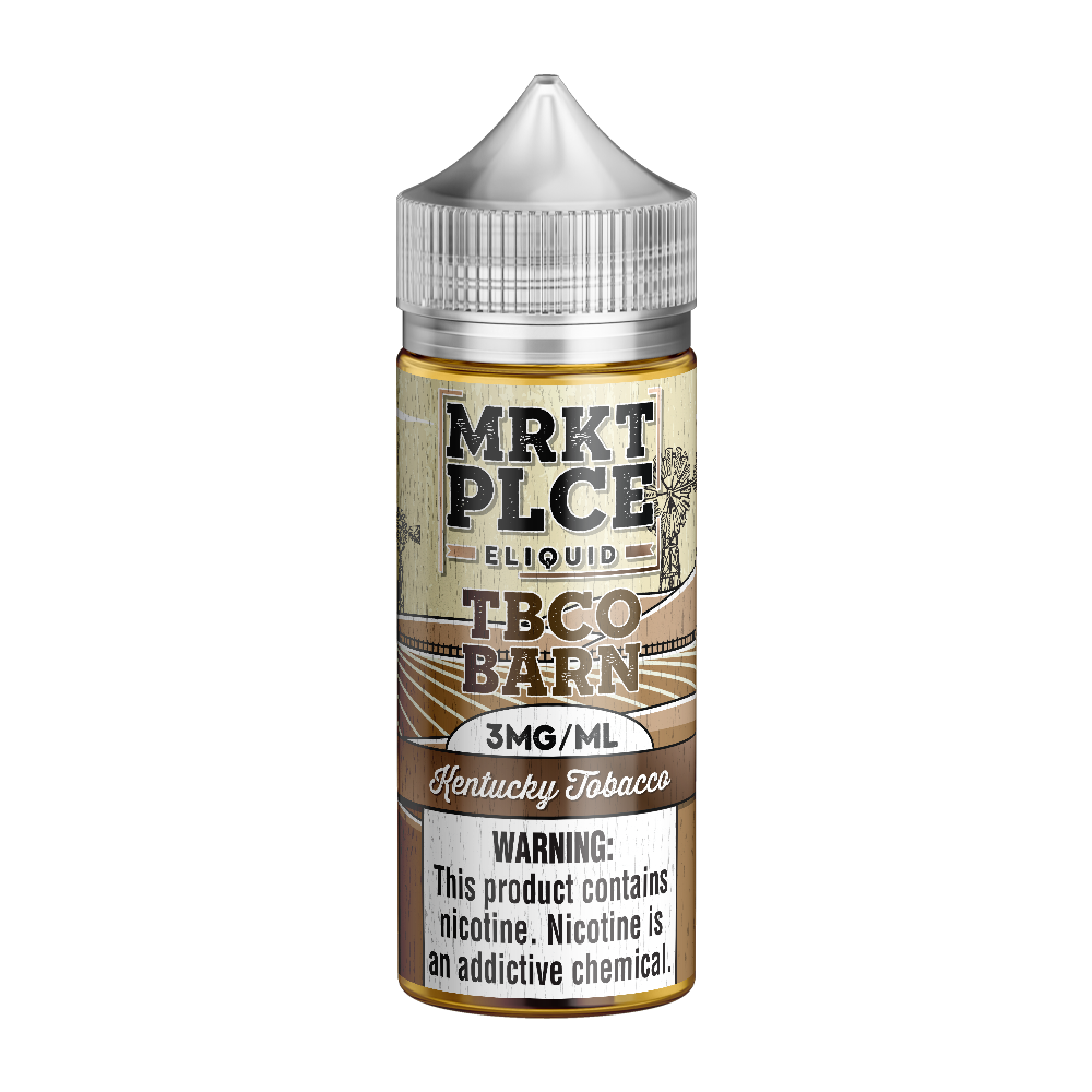 MRKTPLCE TBCO BARN Kentucky Tobacco 100mL bottle with sweet RY4 tobacco flavor featuring caramel and vanilla.