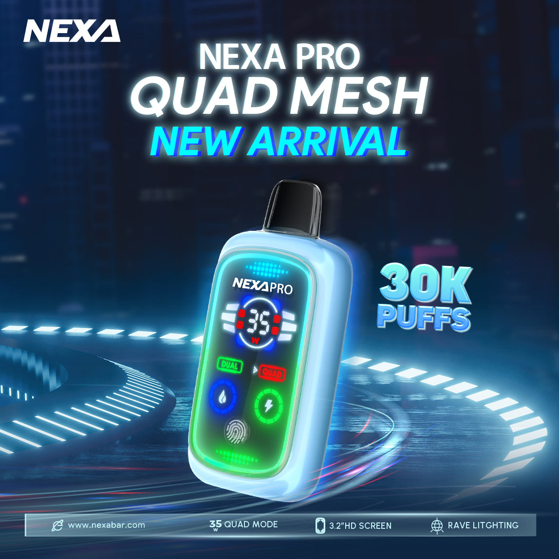 NEXA Pro 30K Disposable Device featuring 30,000 puffs, quad mesh coils, 35W power, and adjustable airflow.