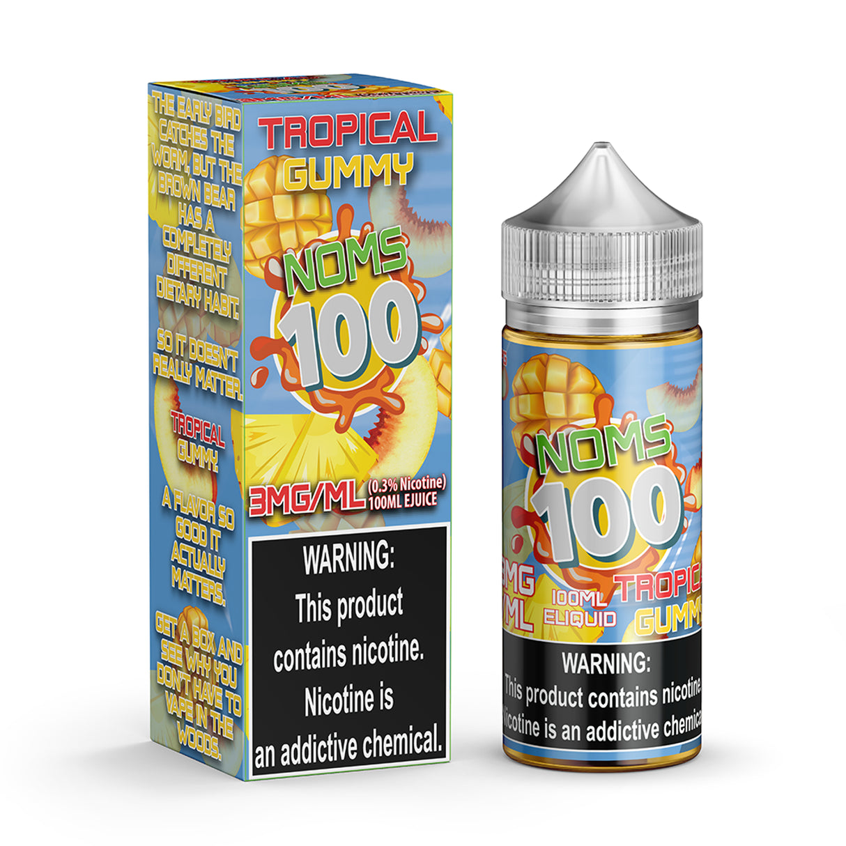 100mL NOMS 100 Tropical Gummy E-Liquid bottle featuring mango, peach, and pineapple fruit candy blend.