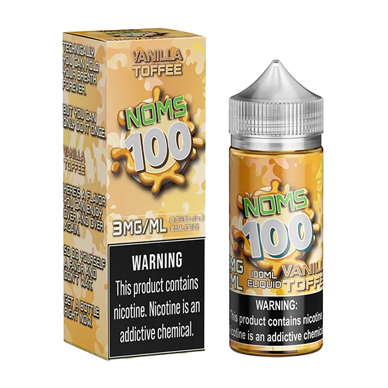 100mL bottle of NOMS 100 Vanilla Toffee E-Liquid with creamy vanilla and caramel dessert flavor.