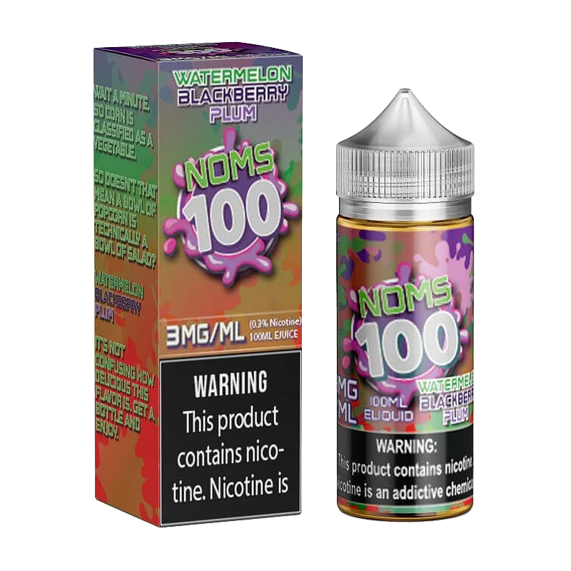 100mL bottle of NOMS 100 Watermelon Blackberry Plum E-Liquid with watermelon, blackberry, and plum flavors.