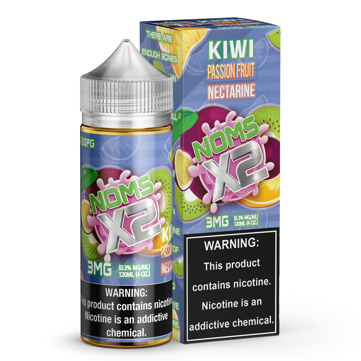 Bottle of NOMS X2 by Nomenon Kiwi Passion Fruit Nectarine 120mL E-Liquid featuring kiwi, passion fruit, and nectarine flavors.