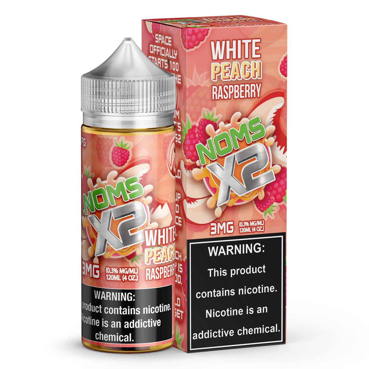 NOMS X2 by Nomenon 120mL E-Liquid bottle featuring white peach and raspberry flavors.