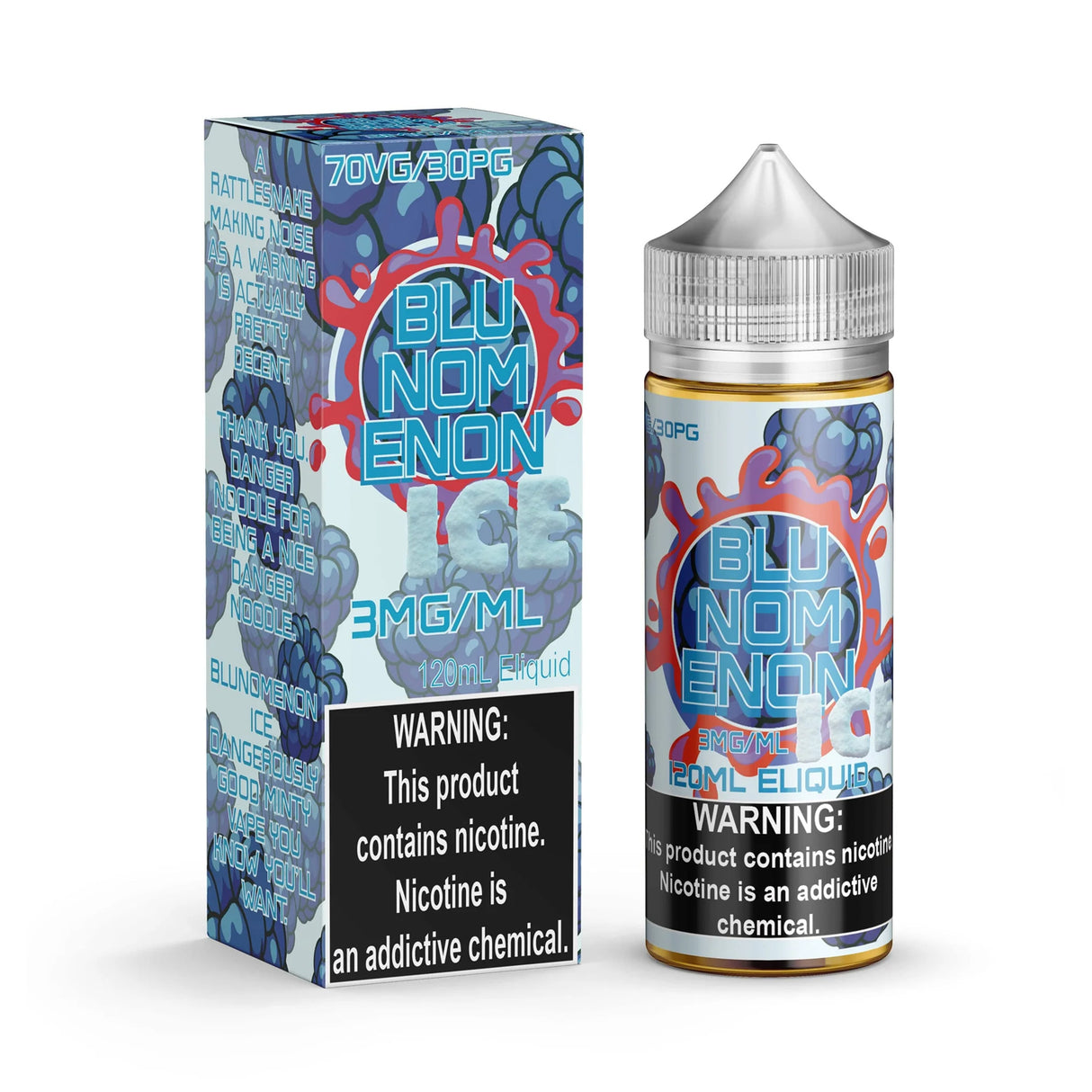 Blunomenon ICE by Nomenon 120ml e-liquid bottle - Blue raspberry candy flavor with an icy twist in a 120ML bottle, available in 3MG and 6MG nicotine strengths.