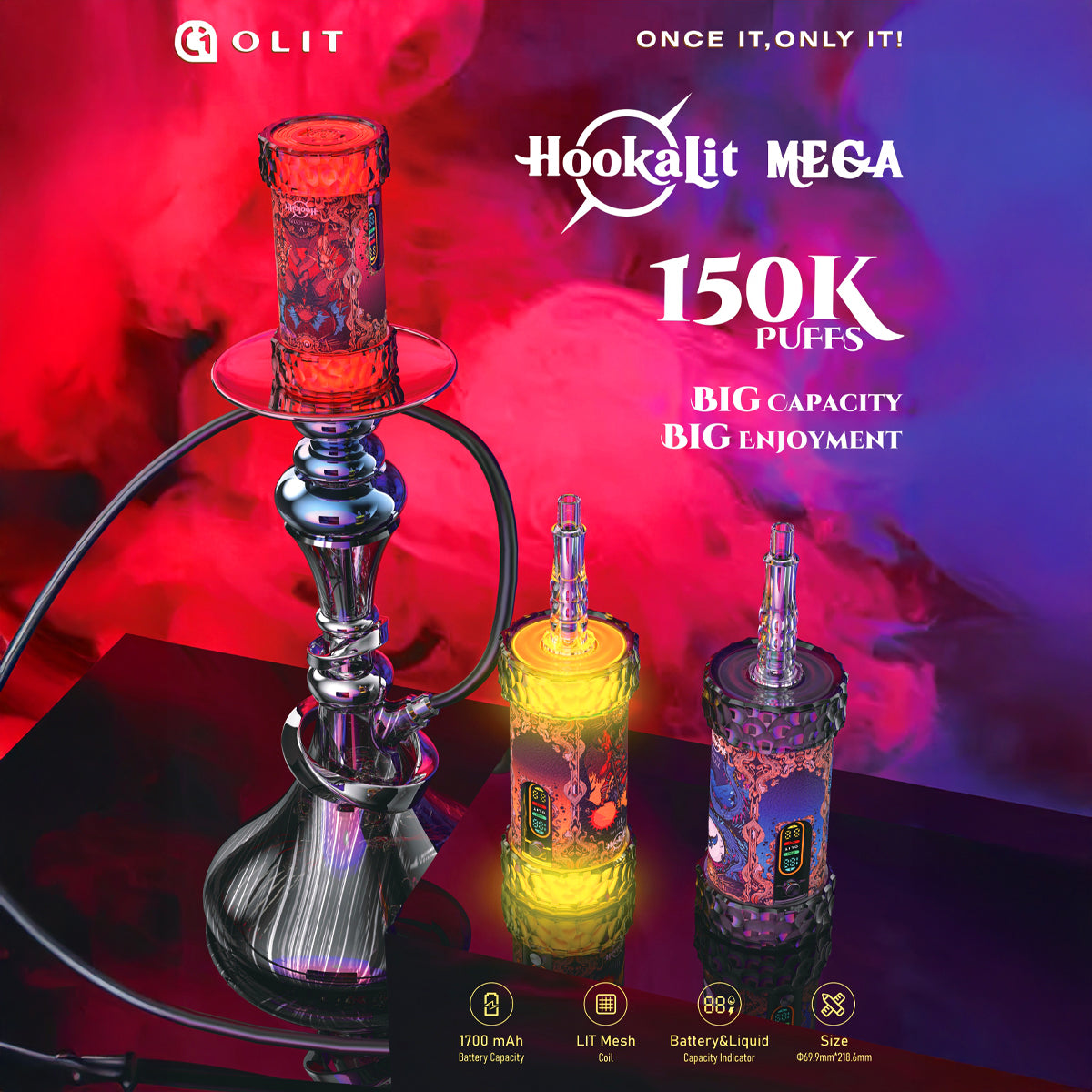 OLIT HookaLit Mega 150K E-Hookah Device with 1700mAh battery, smart display, and bubbling sound effects