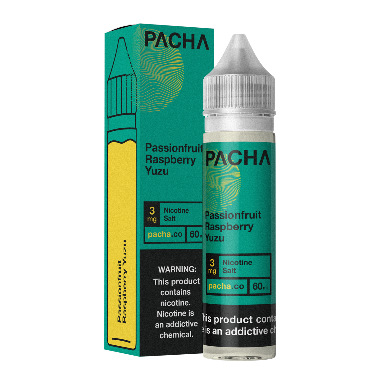 PACHAMAMA Passionfruit Raspberry Yuzu 60ML E-Liquid bottle with tropical fruits in the background.