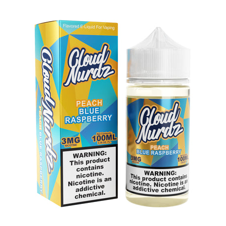 Cloud Nurdz Peach Blue Raspberry 100ML E-Liquid bottle showcasing peach and blue raspberry flavors