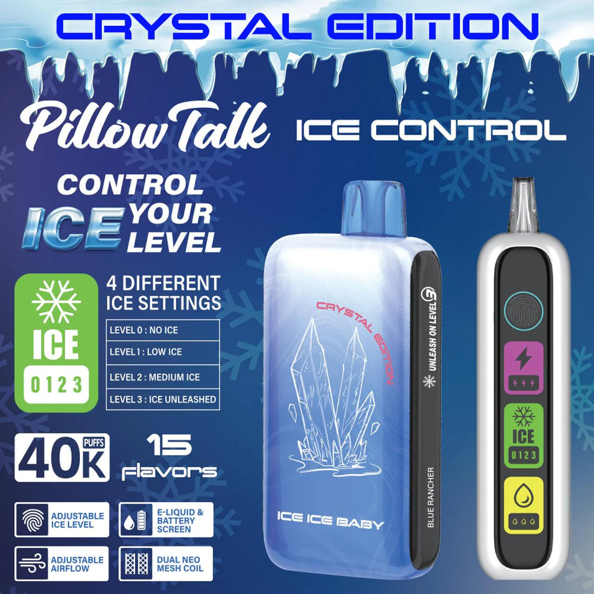Pillow Talk Ice Control IC40000 "Crystal Edition" Disposable with adjustable ice settings, touch display, and long-lasting performance