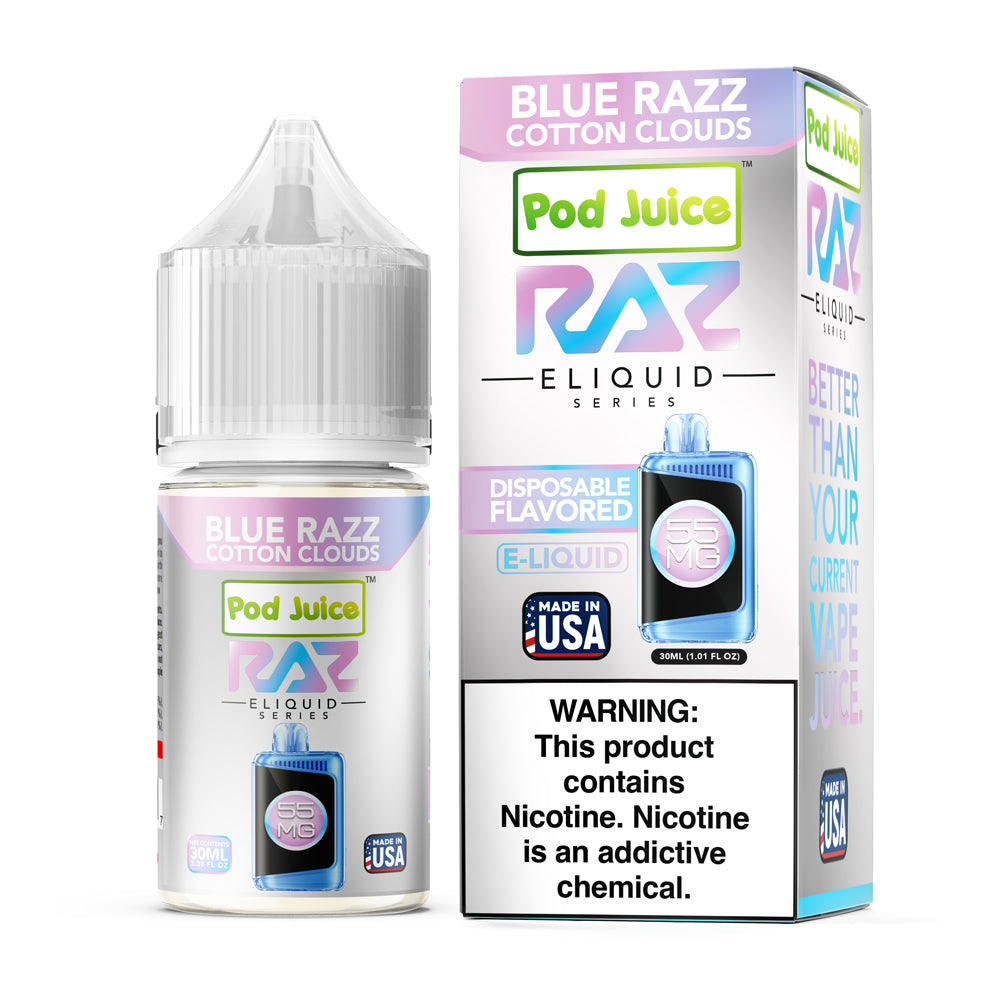 Pod Juice X RAZ Blue Razz Cotton Clouds E-Liquid, 30mL bottle with a blend of cotton candy and blueberry flavors.
