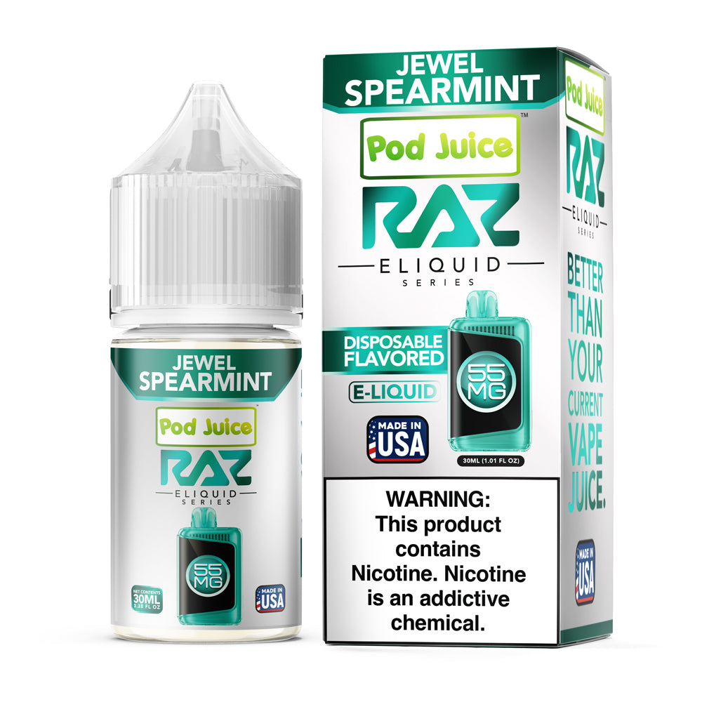 Pod Juice X RAZ Jewel Spearmint E-Liquid, 30mL bottle with refreshing spearmint and natural sweetness flavor.