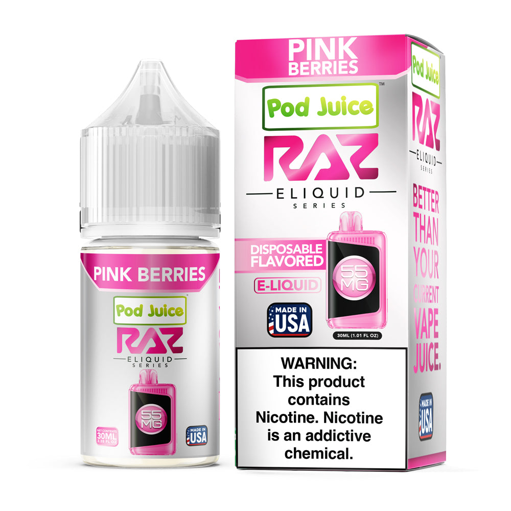 Pod Juice X RAZ Pink Berries E-Liquid, 30mL bottle with a blend of sweet mixed berry flavors.