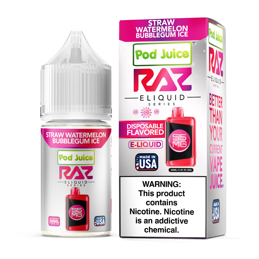 Pod Juice X RAZ Straw Watermelon Bubblegum Ice E-Liquid, 30mL bottle with watermelon, strawberry bubblegum, and icy menthol flavor.
