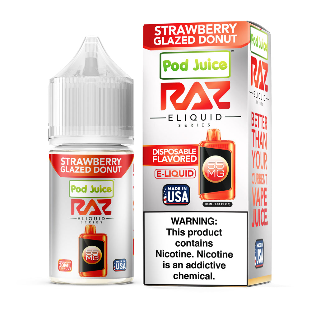 Pod Juice X RAZ Strawberry Glazed Donut E-Liquid, 30mL bottle with sweet strawberry and glazed donut flavor.