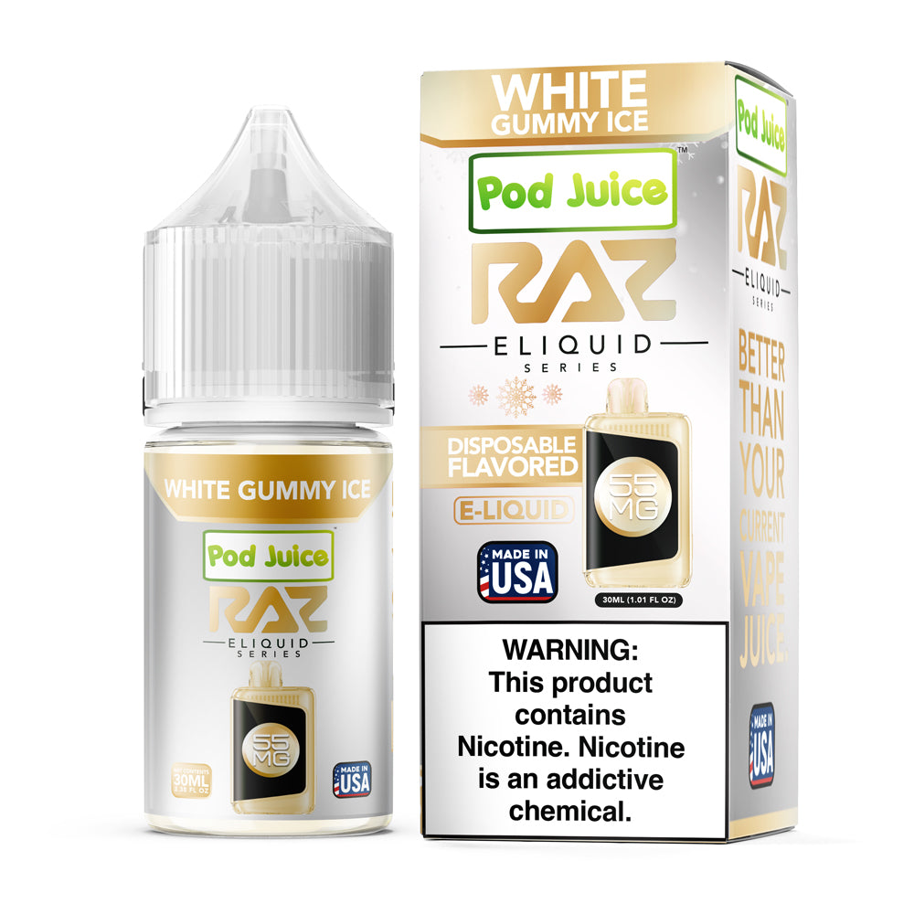 Pod Juice X RAZ White Gummy Ice E-Liquid, 30mL bottle with white gummy bear flavor and icy finish.