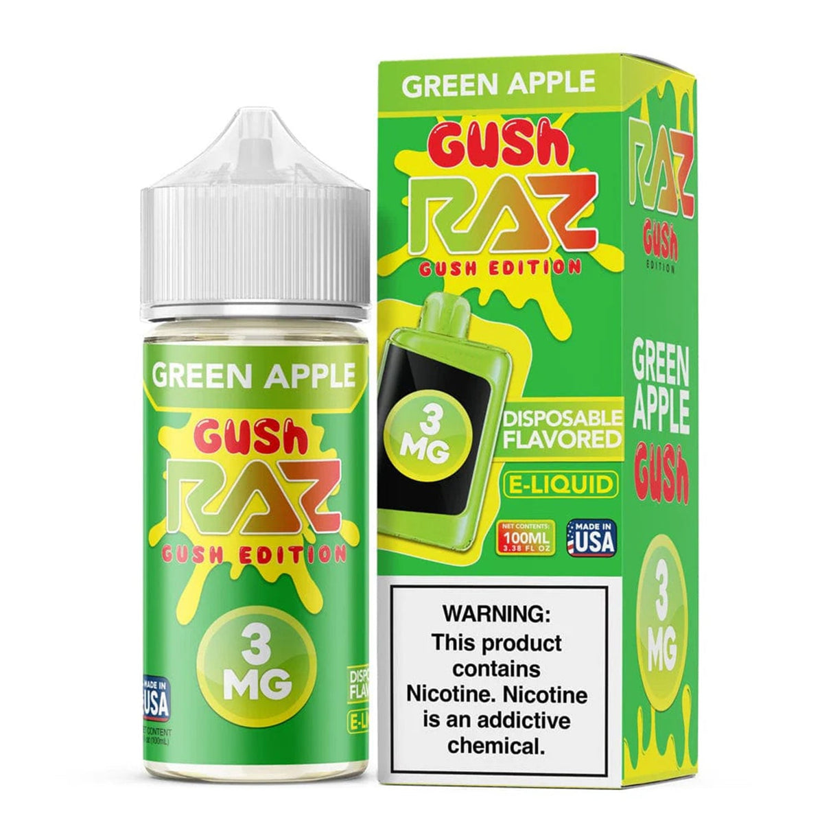 Pod Juice x RAZ Green Apple Gush 100mL E-Liquid Bottle with tart green apple candy flavor