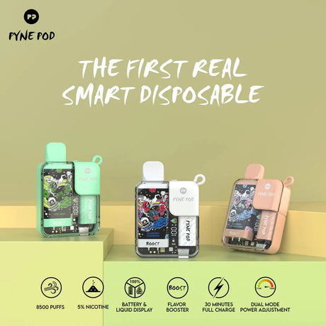 Shop the Pyne Pod BOOST 8500 Disposable Device for 8500 puffs, a rechargeable battery, and rich flavor with mesh coil technology. Perfect for easy, portable use!