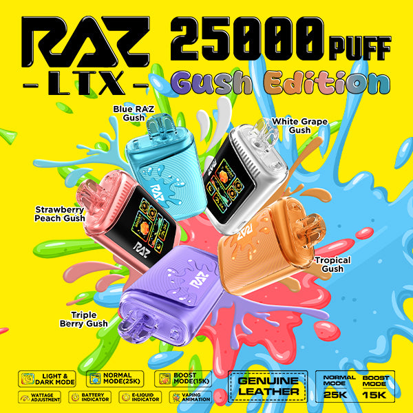 RAZ LTX 25K Gush Edition Disposable Device featuring dual vaping modes, LED display screen, and candy-inspired flavors.