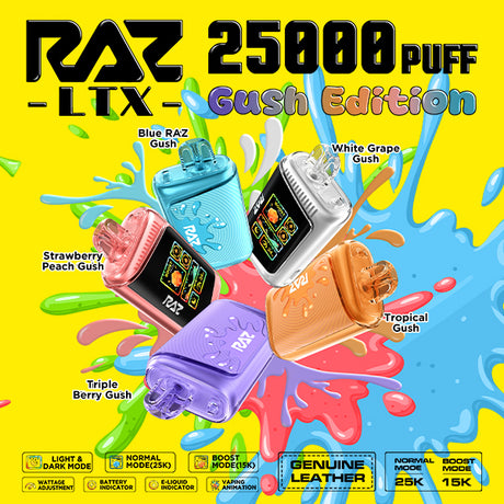 RAZ LTX 25K Gush Edition Disposable Device featuring dual vaping modes, LED display screen, and candy-inspired flavors.