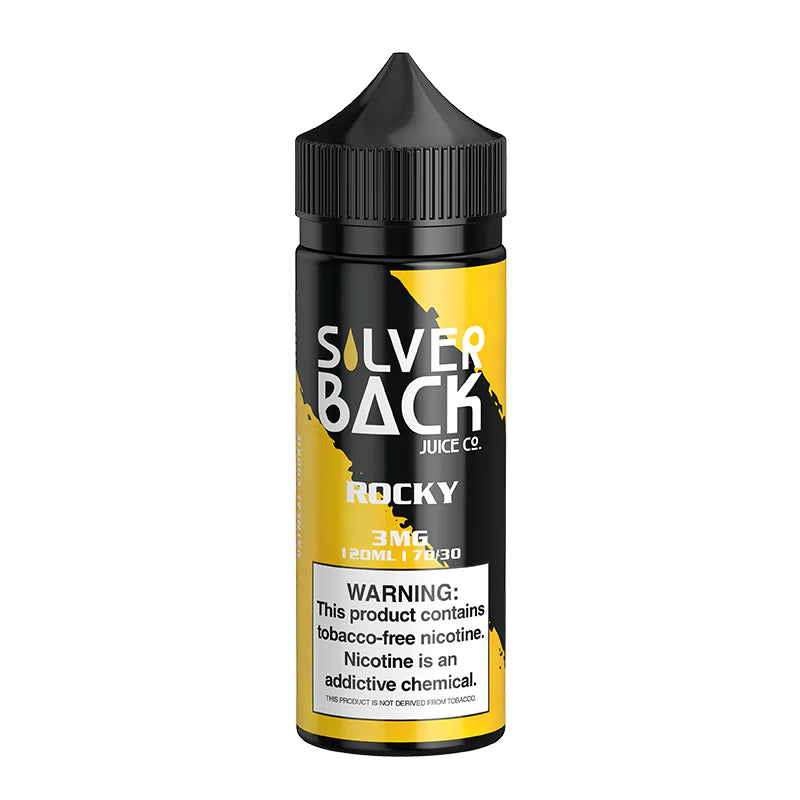 ROCKY E-Liquid by Silverback Juice Co – 120mL bottle of dessert-flavored e-liquid with banana strawberry milkshake and oatmeal cookie crumble.