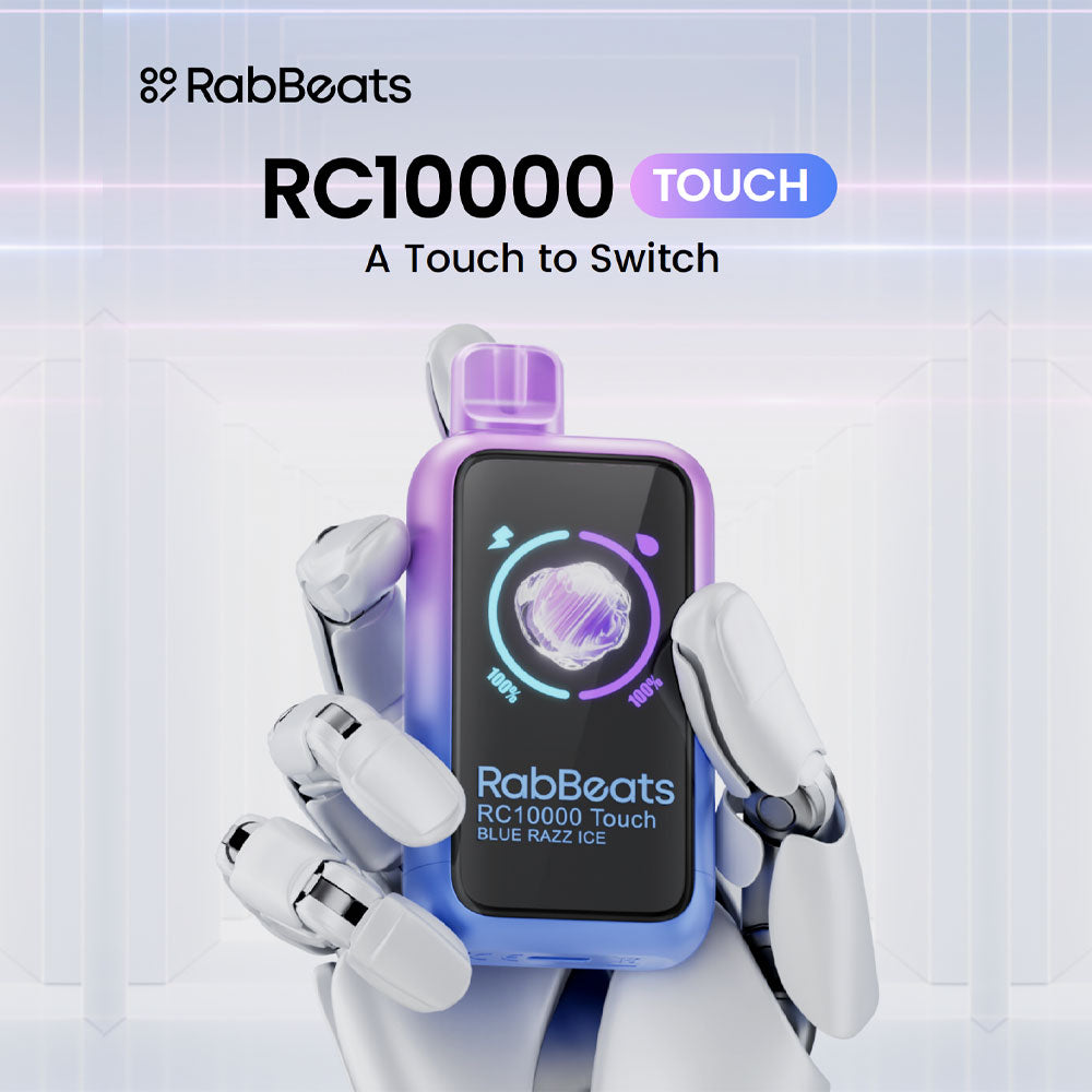 RabBeats RC10000 Touch Disposable Vape featuring touchscreen technology, 10,000 puffs, and 18mL pre-filled e-liquid.