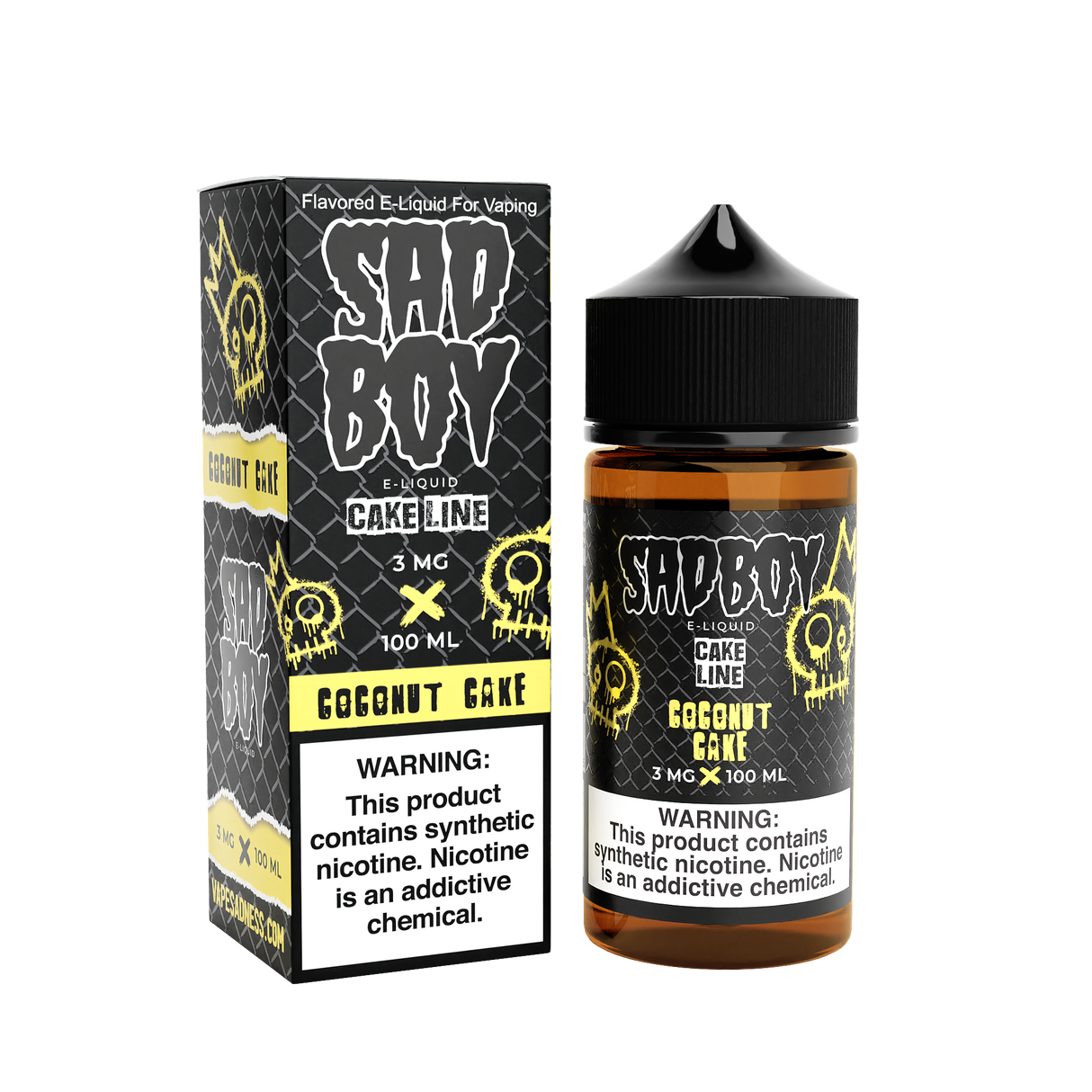 SADBOY Coconut Cake E-Liquid 100mL bottle featuring toasted coconut and sweet cake dessert flavor.