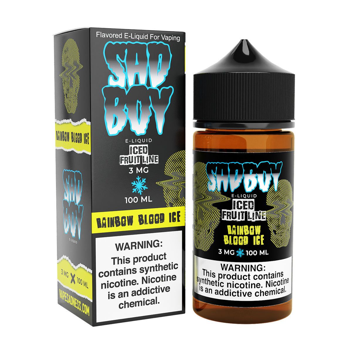 Bottle of SADBOY E-Liquid Rainbow Blood ICE 100mL, Iced Fruit Series.