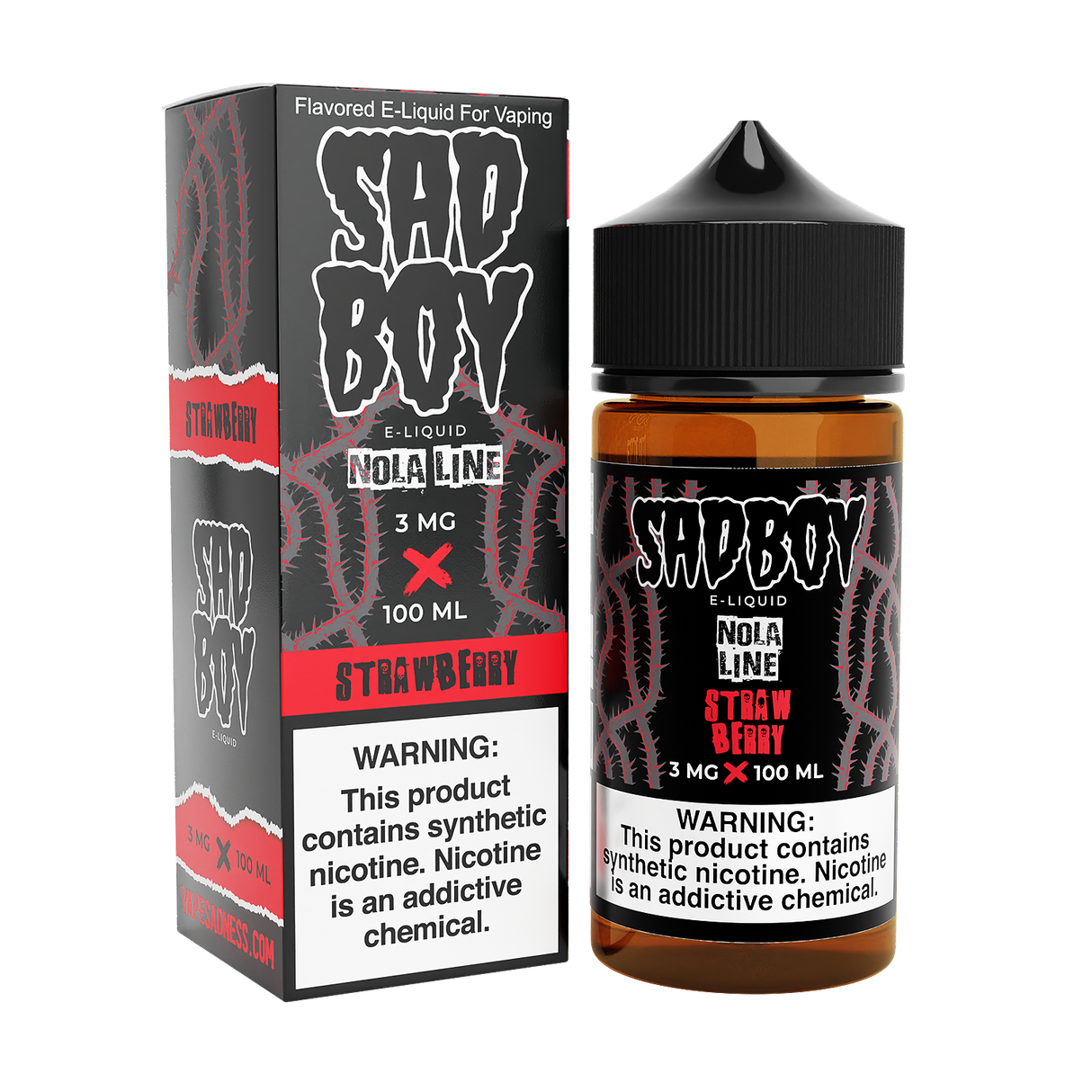 SADBOY Strawberry E-Liquid 100mL bottle featuring granola, strawberry, and sweet cream dessert flavors.