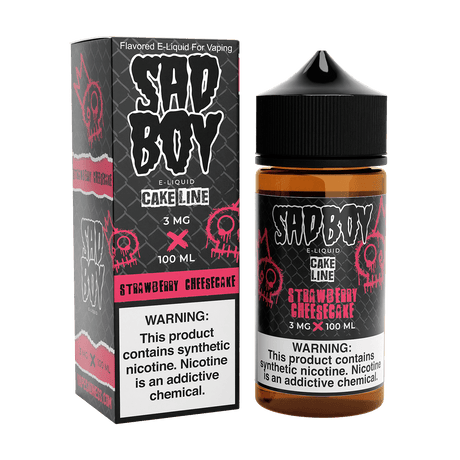100mL bottle of SADBOY Strawberry Cheesecake e-liquid from the Cake Line Series, featuring a sweet and creamy dessert flavor with a 70/30 VG/PG ratio and available in 0mg, 3mg, and 6mg nicotine strengths.