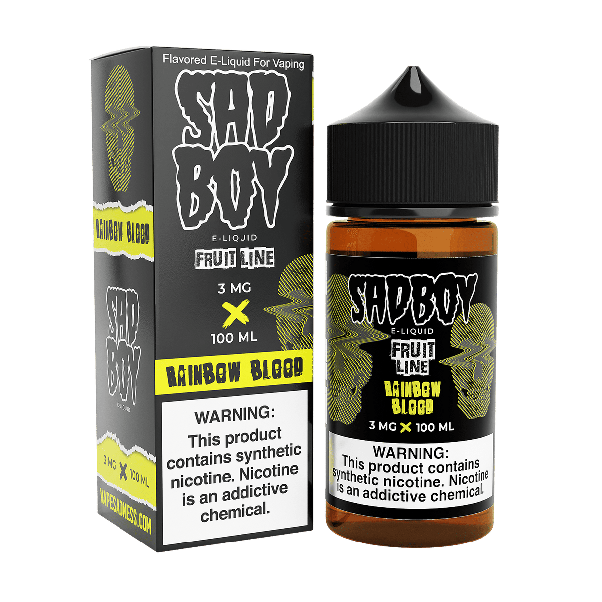 SADBOY Rainbow Blood E-Liquid 100mL bottle – Tropical fruit blend with synthetic nicotine, available in 0mg, 3mg, and 6mg strengths. High VG formula for dense vapor and smooth draws.