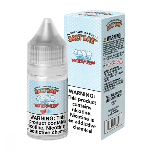 SaltBae50 Iced Summer Watermelon Nicotine Salt E-Liquid featuring sweet watermelon and menthol in a 30mL unicorn bottle.