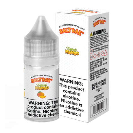 SaltBae50 Tropical Mango Nicotine Salt E-Liquid featuring sweet ripe mango flavor in a 30mL unicorn bottle.