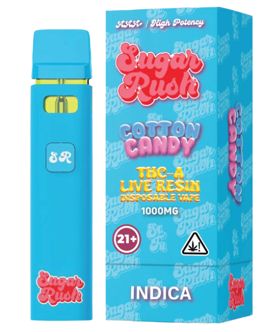 Sugar Rush THC-A Live Resin Disposable in Cotton Candy Indica, featuring a sweet, fluffy cotton candy taste with calming, body-soothing effects.