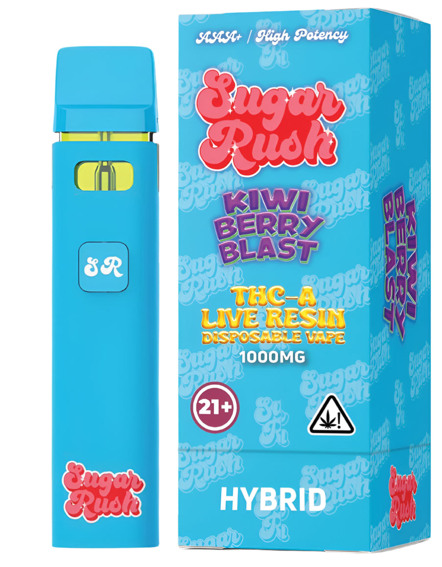 Sugar Rush THC-A Live Resin Disposable in Kiwi Berry Blast Hybrid, offering a tropical kiwi and mixed berry blend with balanced relaxation and uplifting effects.