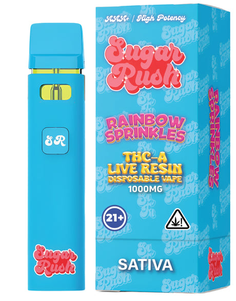Rush THC-A Live Resin Disposable in Rainbow Sprinkles Sativa, combining fruity and sweet candy flavors with energizing, mood-boosting effects.