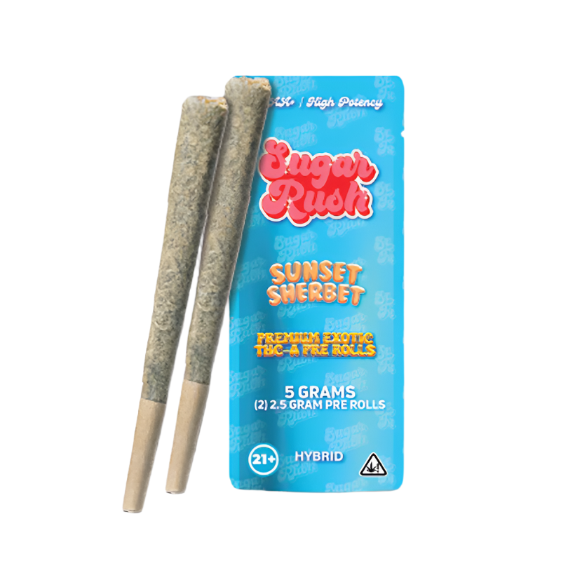 Sunset Sherbet (Hybrid) – Creamy, balanced Sugar Rush THC-A Pre Roll for relaxation and euphoria.