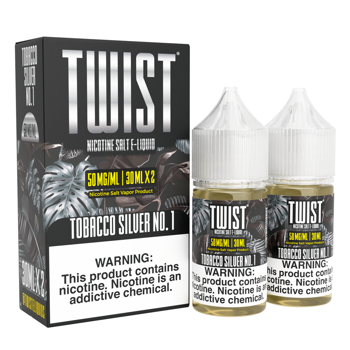 TWIST Nicotine Salt Tobacco Silver No. 1 – 60mL e-liquid with a smooth, light-bodied tobacco flavor and subtle sweetness.